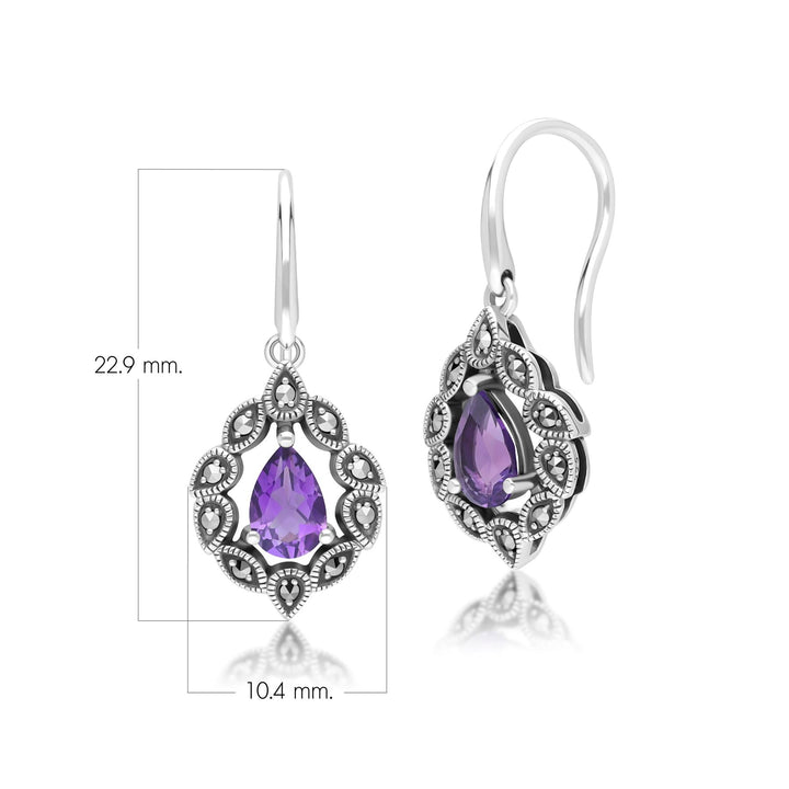Tropfenförmige Amethyst- und Markasit-Ohrringe im Art-Deco-Stil aus Sterlingsilber