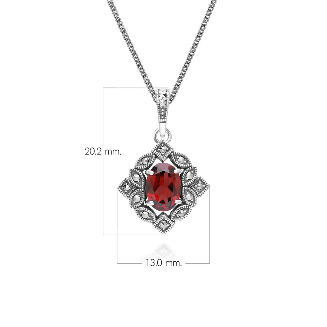 Ovale Granat- und Markasit-Anhängerkette im Art-Deco-Stil aus Sterlingsilber