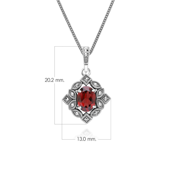 Ovale Granat- und Markasit-Anhängerkette im Art-Deco-Stil aus Sterlingsilber