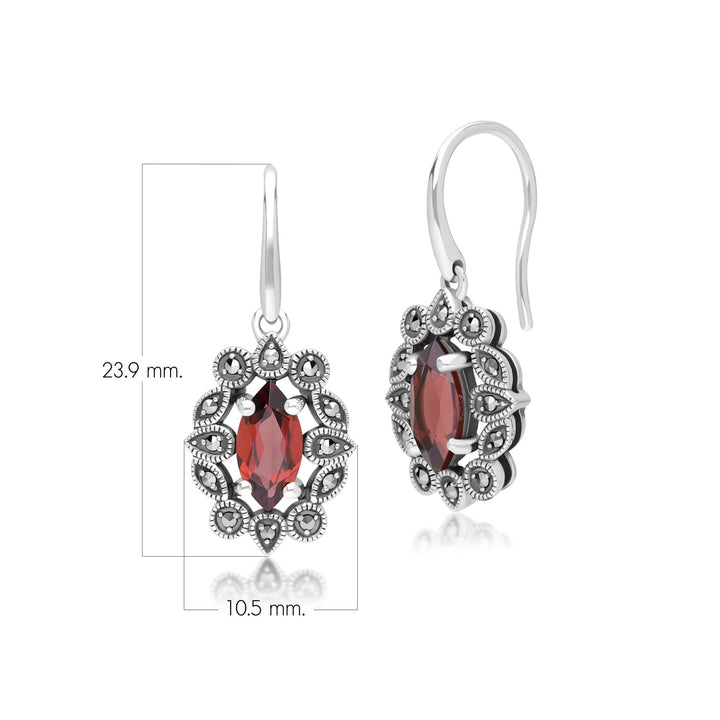 Marquise-Granat- und Markasit-Tropfenohrringe im Art-Deco-Stil aus Sterlingsilber