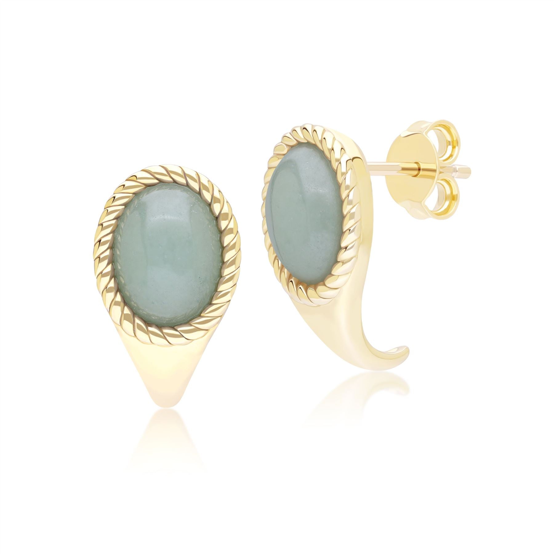 Classic Oval Green Jadeite Drop Stud Earrings in 9ct Yellow Gold
