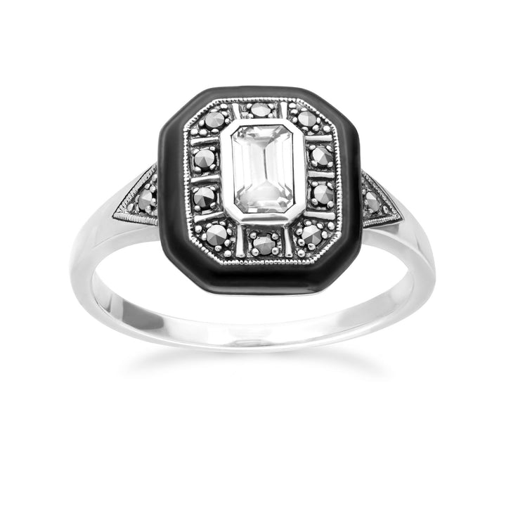 Quadratischer Ring im Art-Deco-Stil mit weißem Topas, Emaille und Markasit