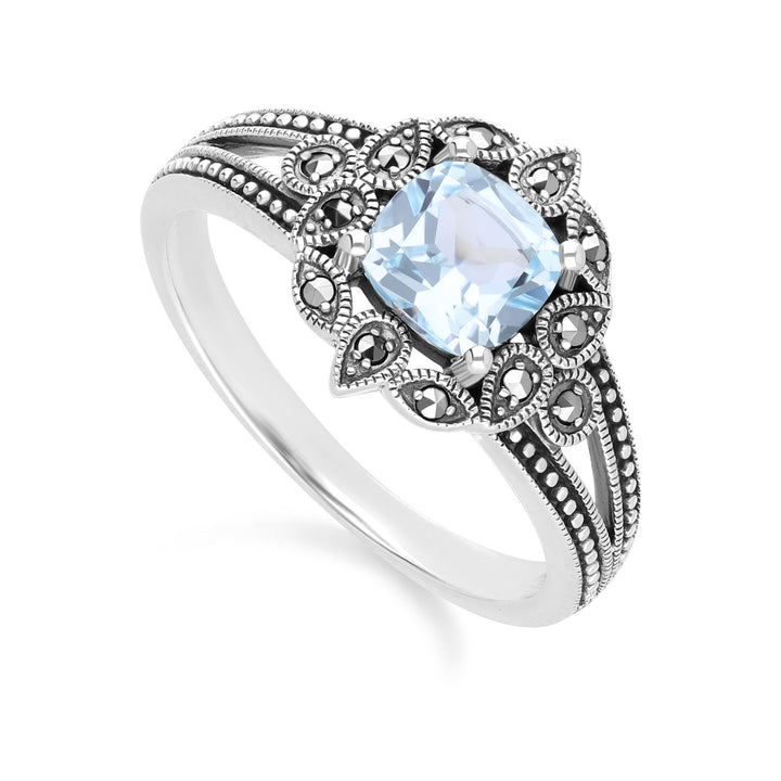 Art-Deco-Ring mit blauem Topas und Markasit im Kissenstil aus Sterlingsilber