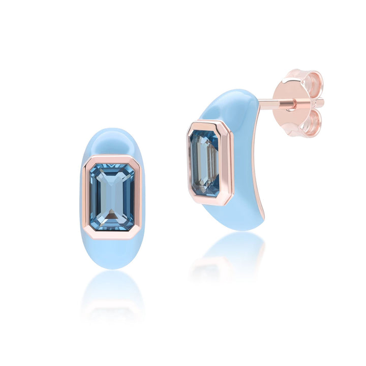 Halbe Creolen „Siberian Waltz“ aus blauem Emaille und achteckigem himmelblauem Topas in Roségold-Vermeil