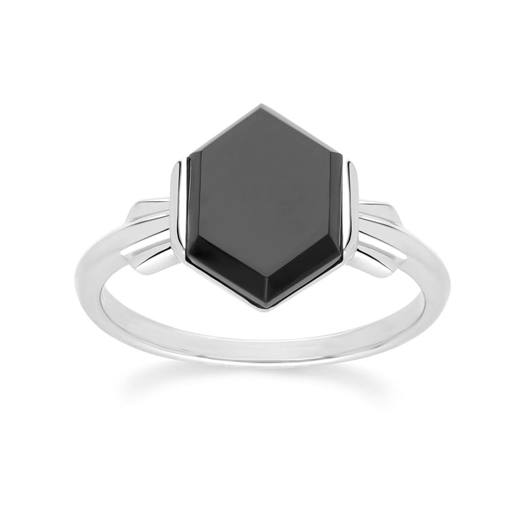Grand Deco Sechseck-Ring aus schwarzem Onyx in Sterlingsilber