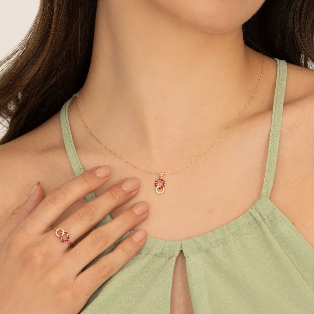 Geometric Hexagon and Round Linked with Prong set Ruby Pendant in 9ct Yellow Gold