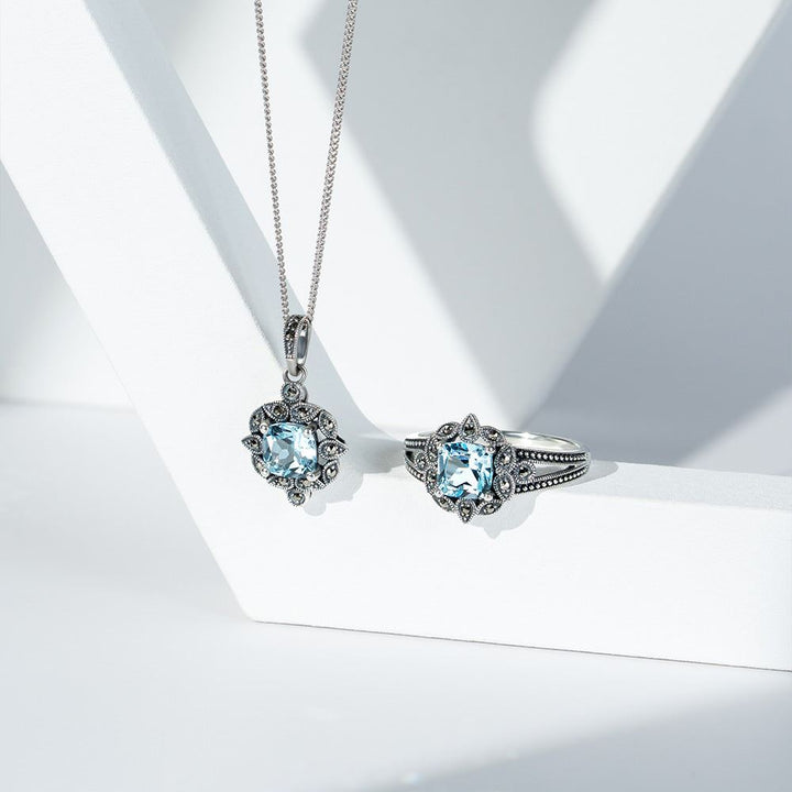 Halskette mit Anhänger im Art-Deco-Stil mit blauem Topas und Markasit, Sterlingsilber