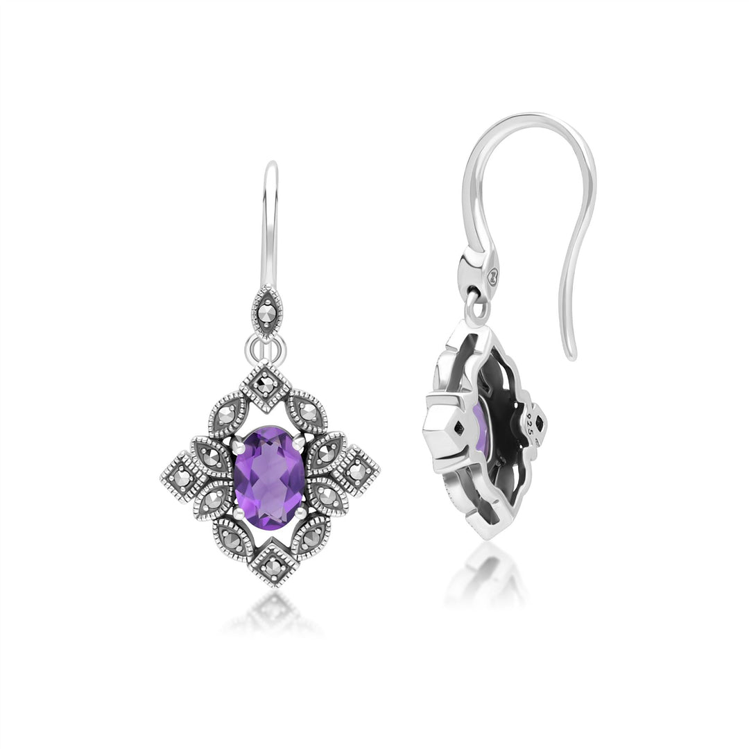 Ovale Tropfenohrringe aus Amethyst und Markasit im Art-Deco-Stil aus Sterlingsilber