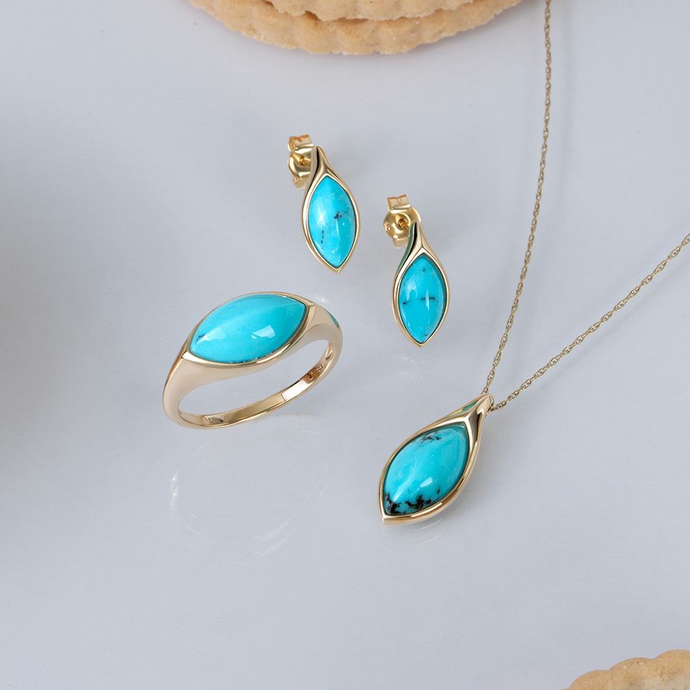 Klassische Halskette mit Marquise-Türkis-Anhänger aus 9 Karat Gelbgold