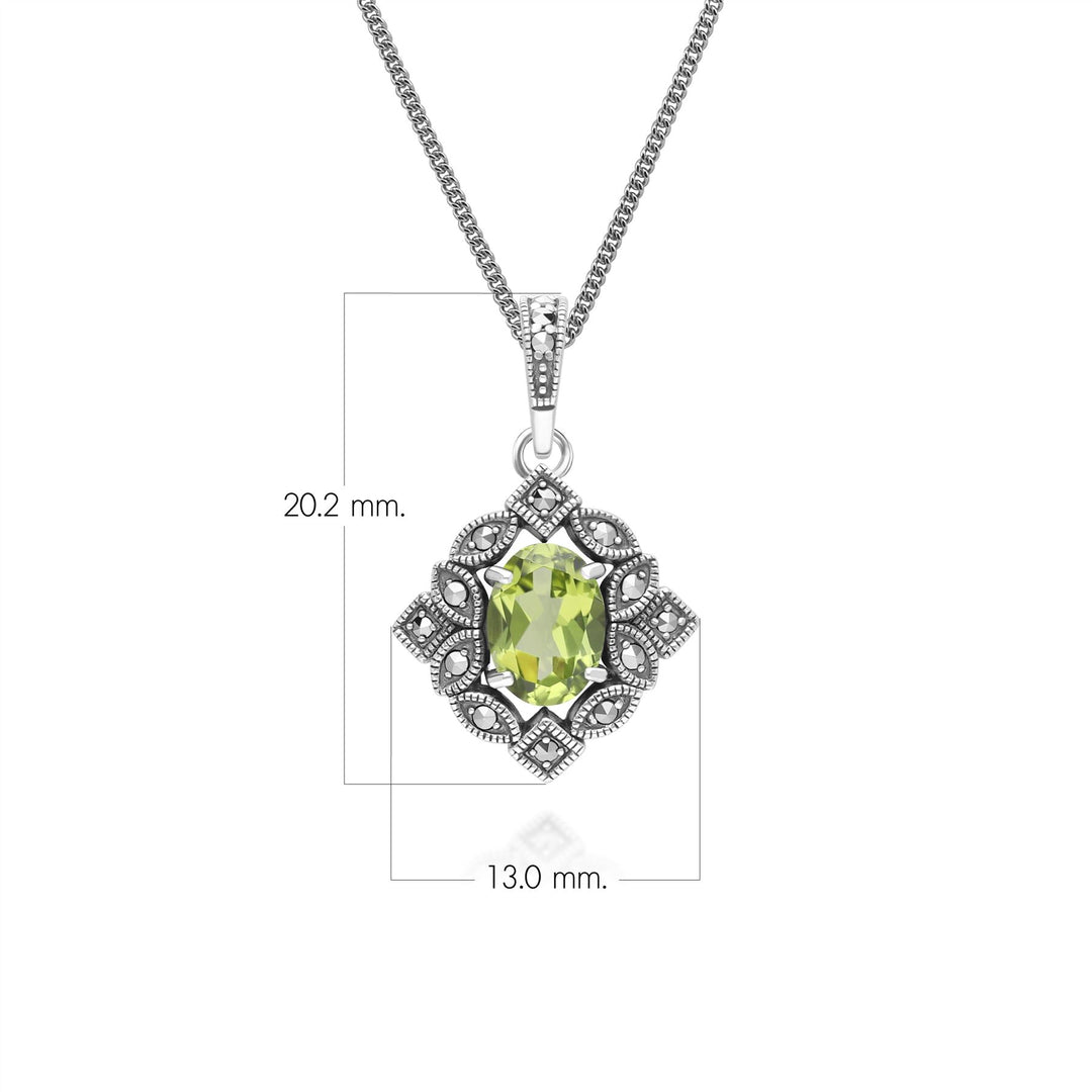 Ovale Peridot- und Markasit-Anhängerkette im Art-Deco-Stil aus Sterlingsilber