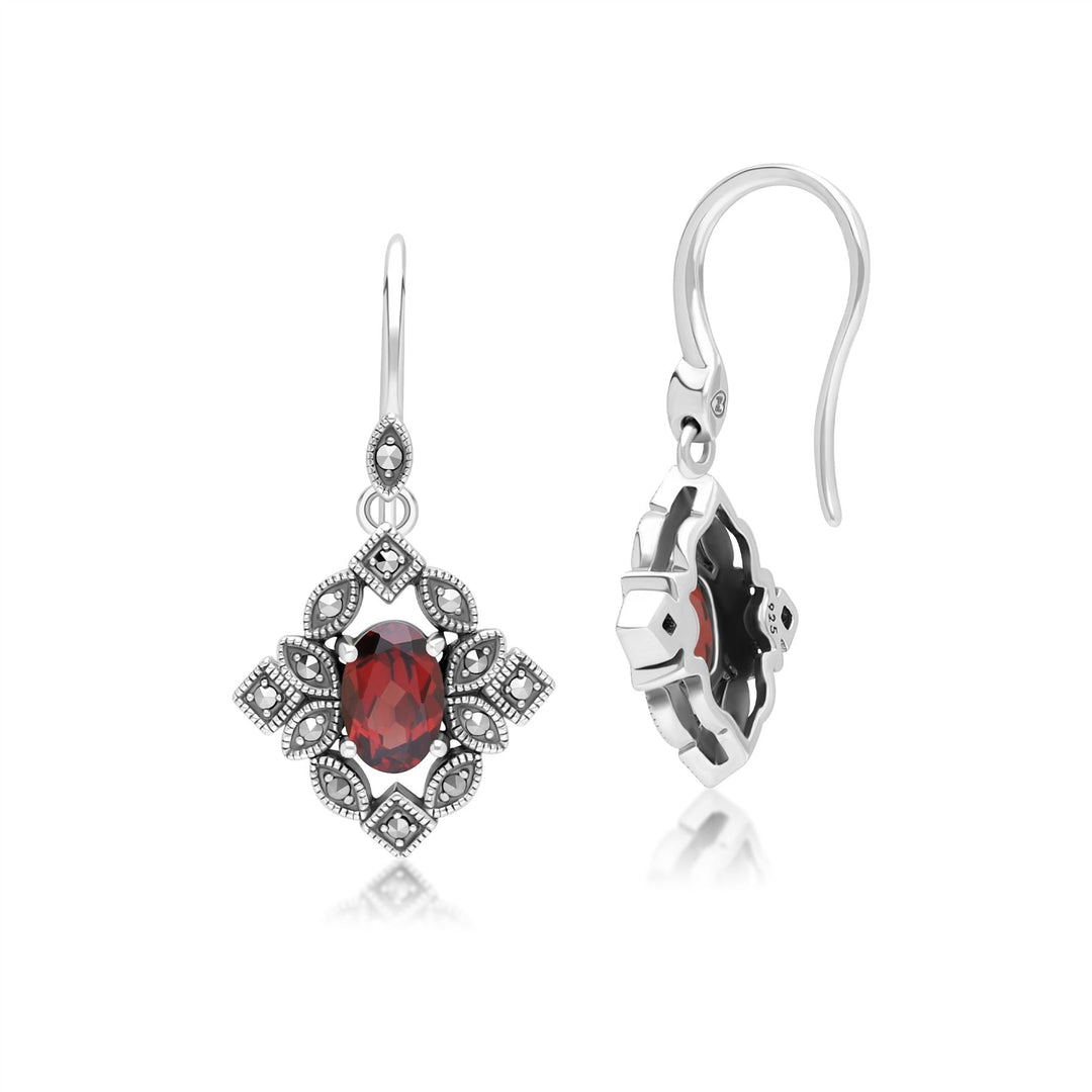 Ovale Granat- und Markasit-Tropfenohrringe im Art-Deco-Stil aus Sterlingsilber
