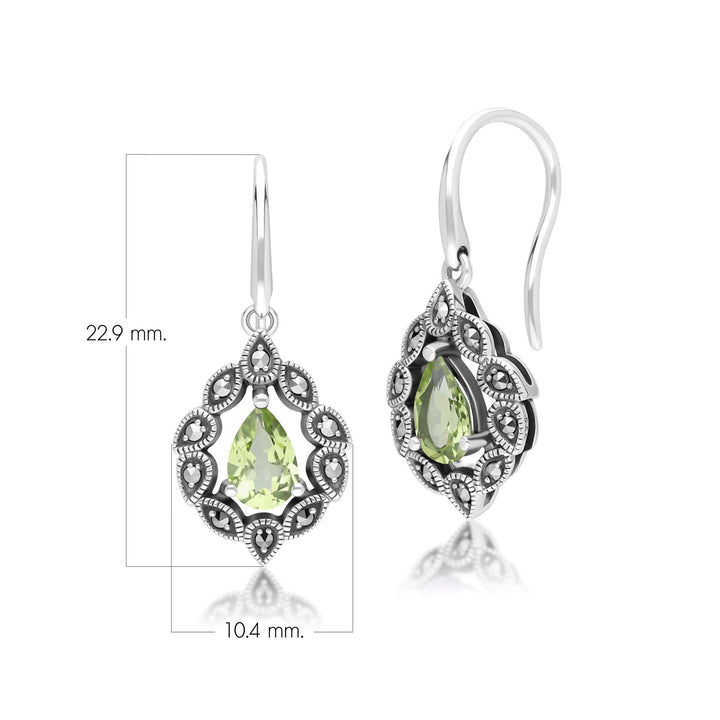 Tropfenohrringe im Art-Deco-Stil mit Peridot und Markasit, Sterlingsilber