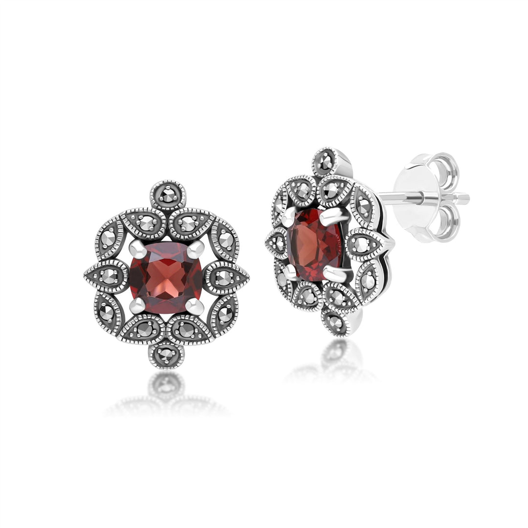 Ohrstecker im Art-Deco-Stil mit Kissengranat und Markasit in Sterlingsilber