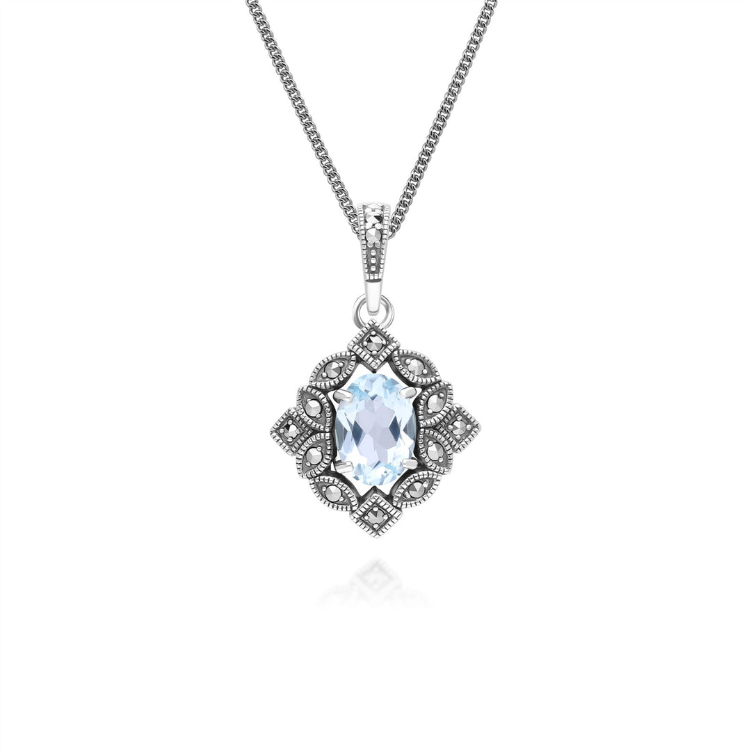 Ovale Halskette mit blauem Topas und Markasit-Anhänger im Art-Deco-Stil aus Sterlingsilber