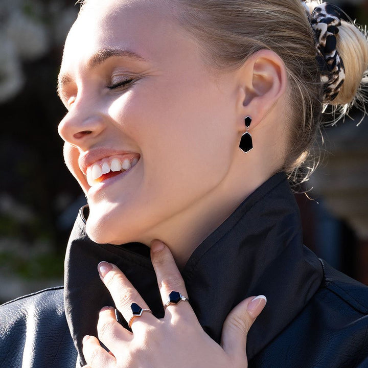 Grand Deco Sechseck-Ring aus schwarzem Onyx in Sterlingsilber