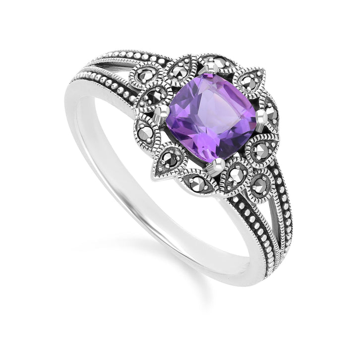 Kissenförmiger Amethyst- und Markasitring im Art-Deco-Stil aus Sterlingsilber