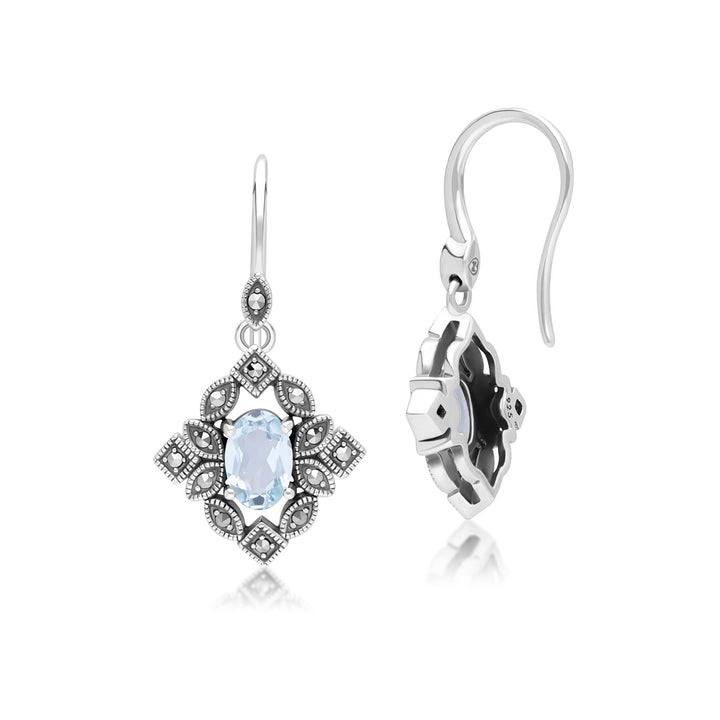 Ovale Tropfenohrringe im Art-Deco-Stil mit blauem Topas und Markasit aus Sterlingsilber
