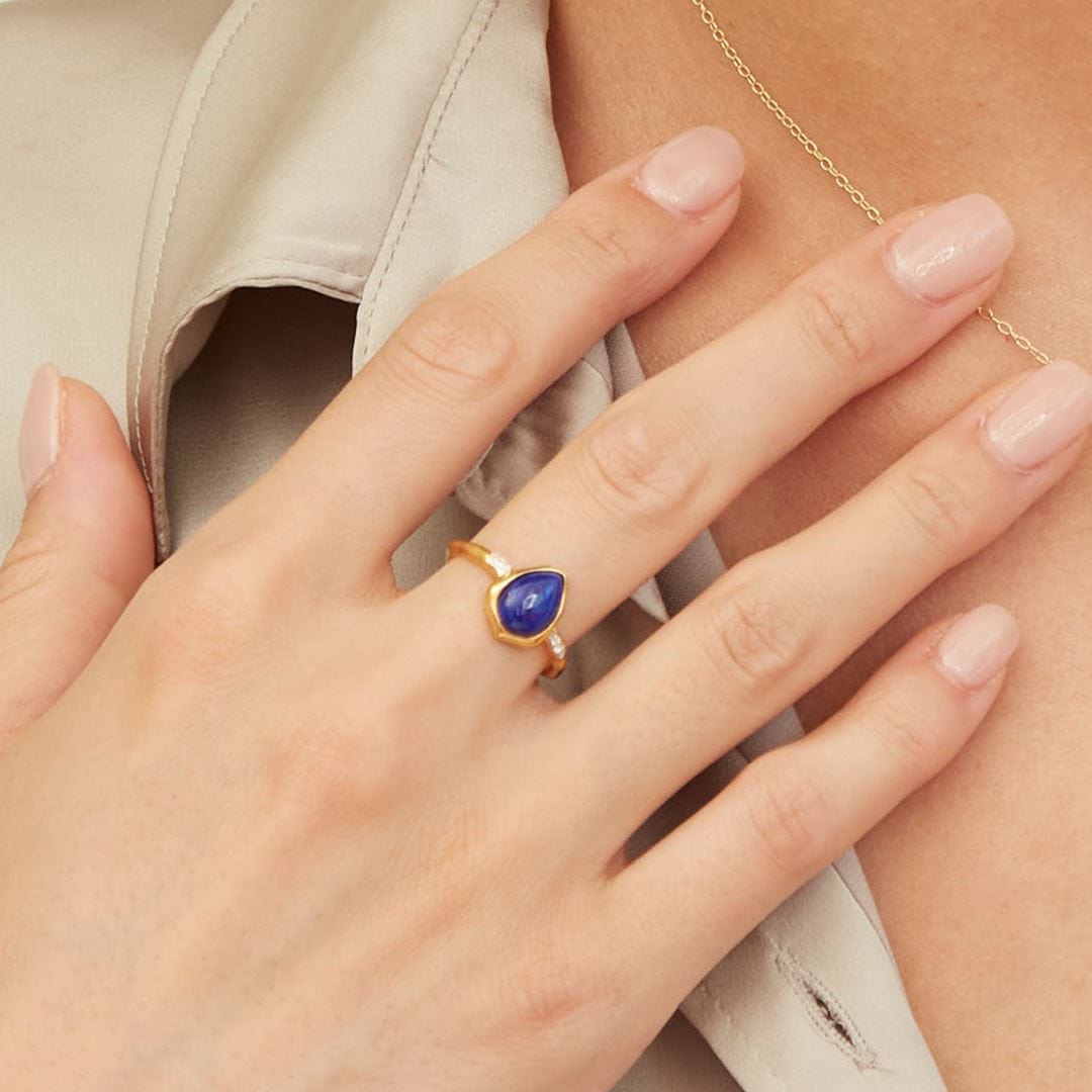 253R710202925 Irregular Lapis Lazuli & Topaz Ring In 18ct Gold Plated SterlIng Silver On Model