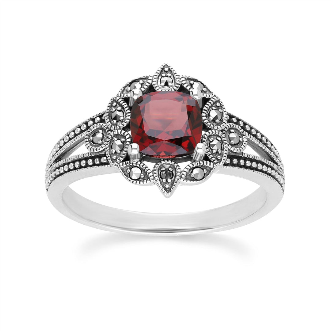 Art-Deco-Ring mit Kissengranat und Markasit in Sterlingsilber