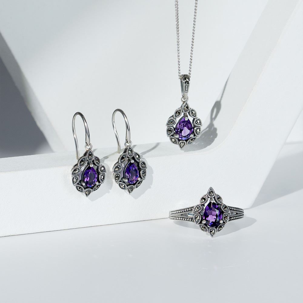 Halskette mit birnenförmigem Amethyst- und Markasit-Anhänger im Art-Deco-Stil aus Sterlingsilber