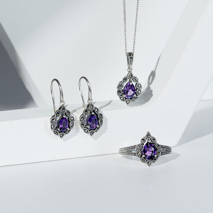 Halskette mit birnenförmigem Amethyst- und Markasit-Anhänger im Art-Deco-Stil aus Sterlingsilber