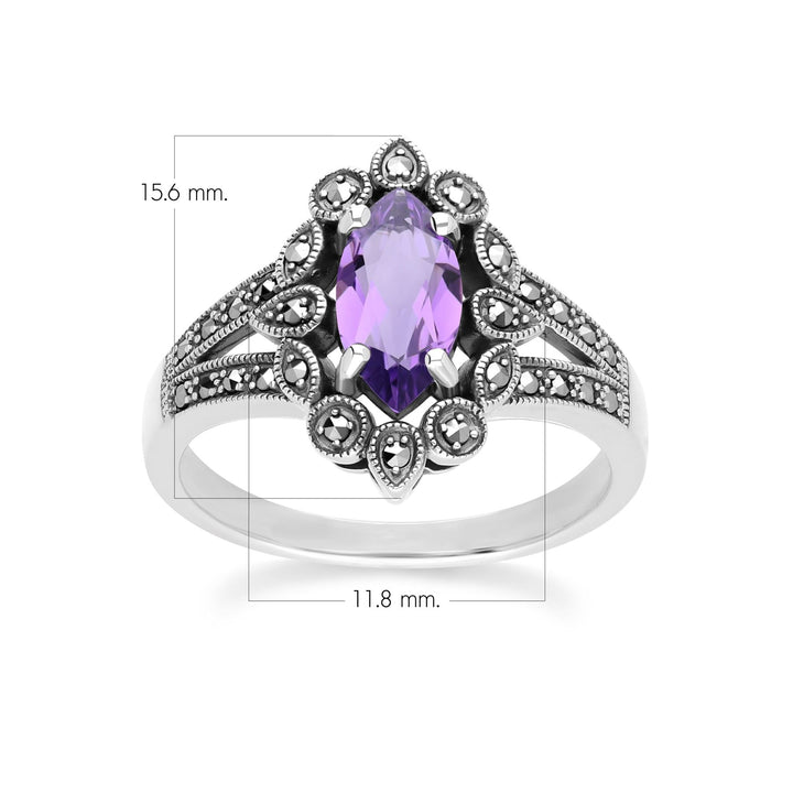 Art Deco Ring im Marquise-Stil mit Amethyst und Markasit aus Sterlingsilber