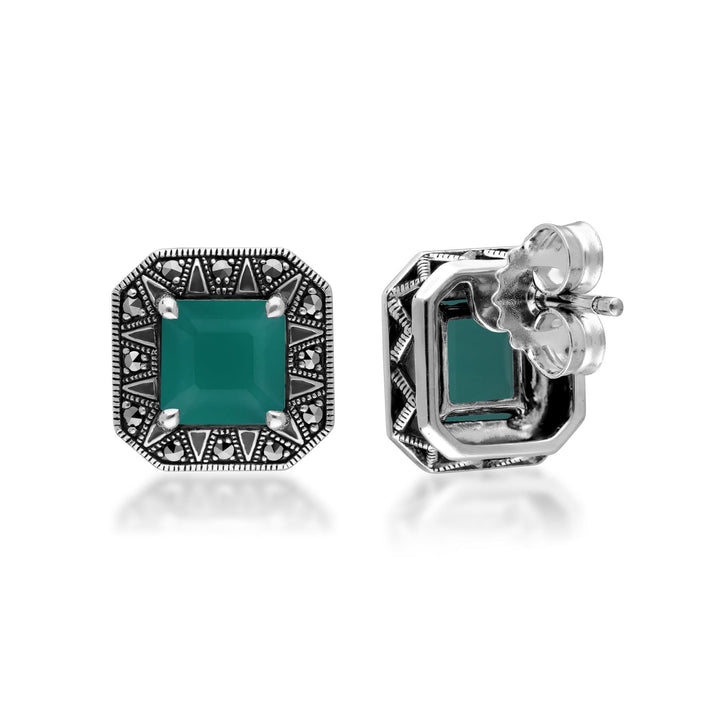 Ohrstecker im Art-Deco-Stil mit quadratischem Chalcedon und Markasit
