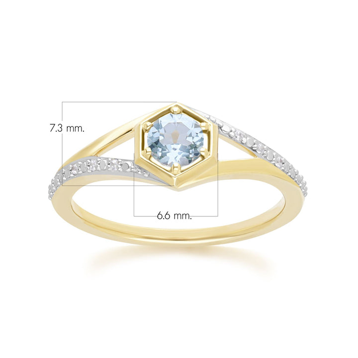 Geometric Hexagon with Prong set Round Topaz and Diamond Ring in 9ct Yellow Gold