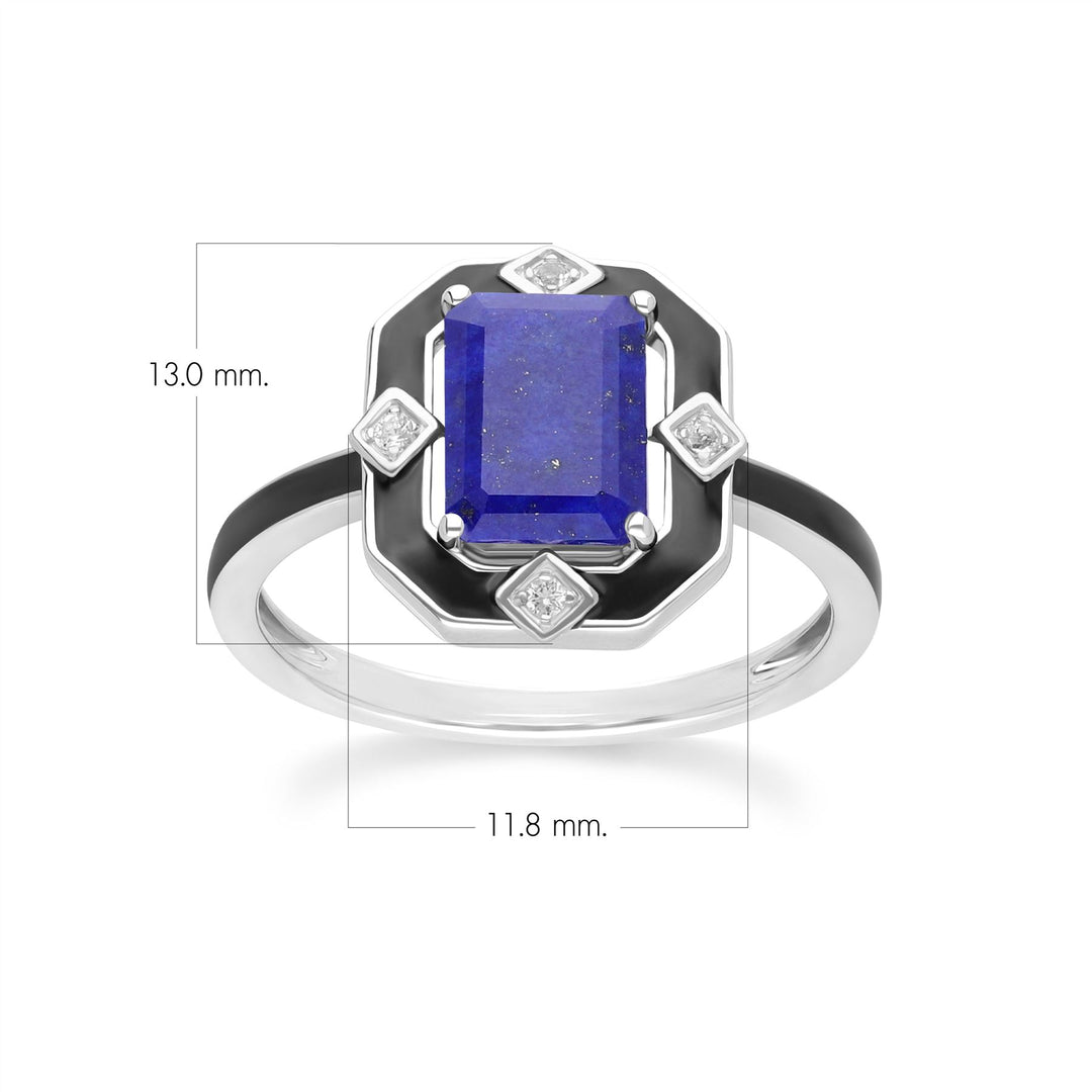 Grand Deco Ring aus Sterlingsilber mit schwarzem Emaille, Lapislazuli und Topas