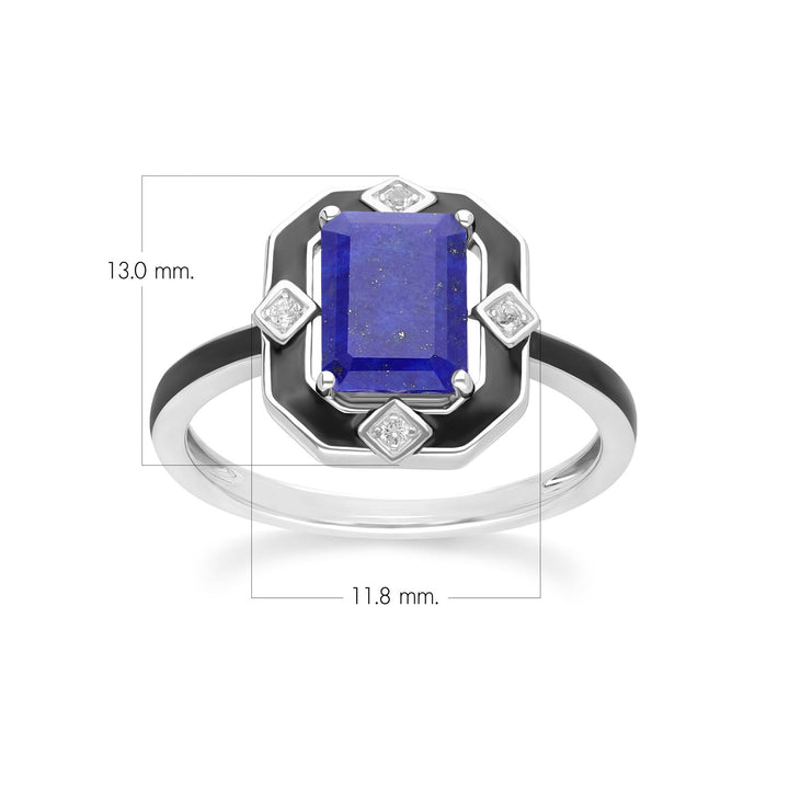 Grand Deco Ring aus Sterlingsilber mit schwarzem Emaille, Lapislazuli und Topas