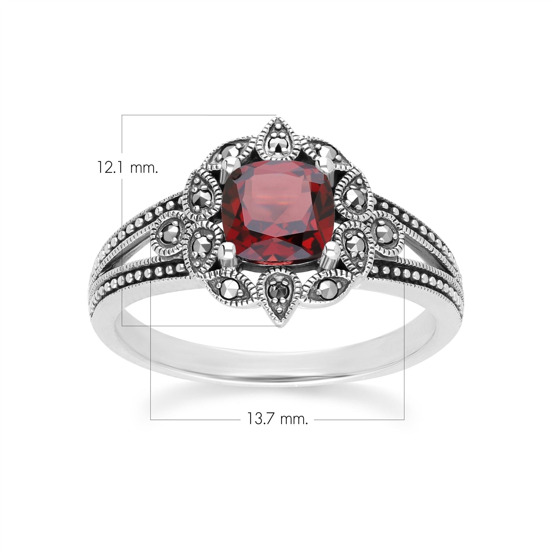 Art Deco Style Cushion Garnet & Marcasite Ring in Sterling Silver