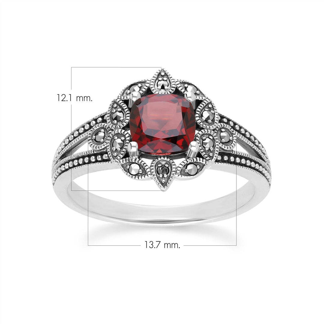 Art-Deco-Ring mit Kissengranat und Markasit in Sterlingsilber