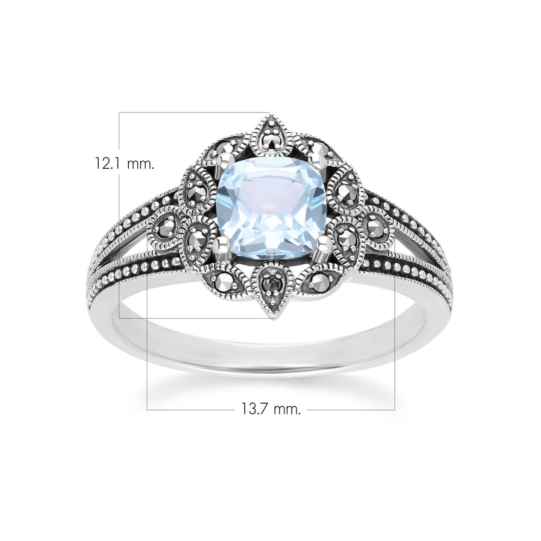 Art-Deco-Ring mit blauem Topas und Markasit im Kissenstil aus Sterlingsilber