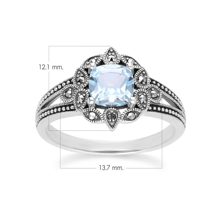 Art-Deco-Ring mit blauem Topas und Markasit im Kissenstil aus Sterlingsilber