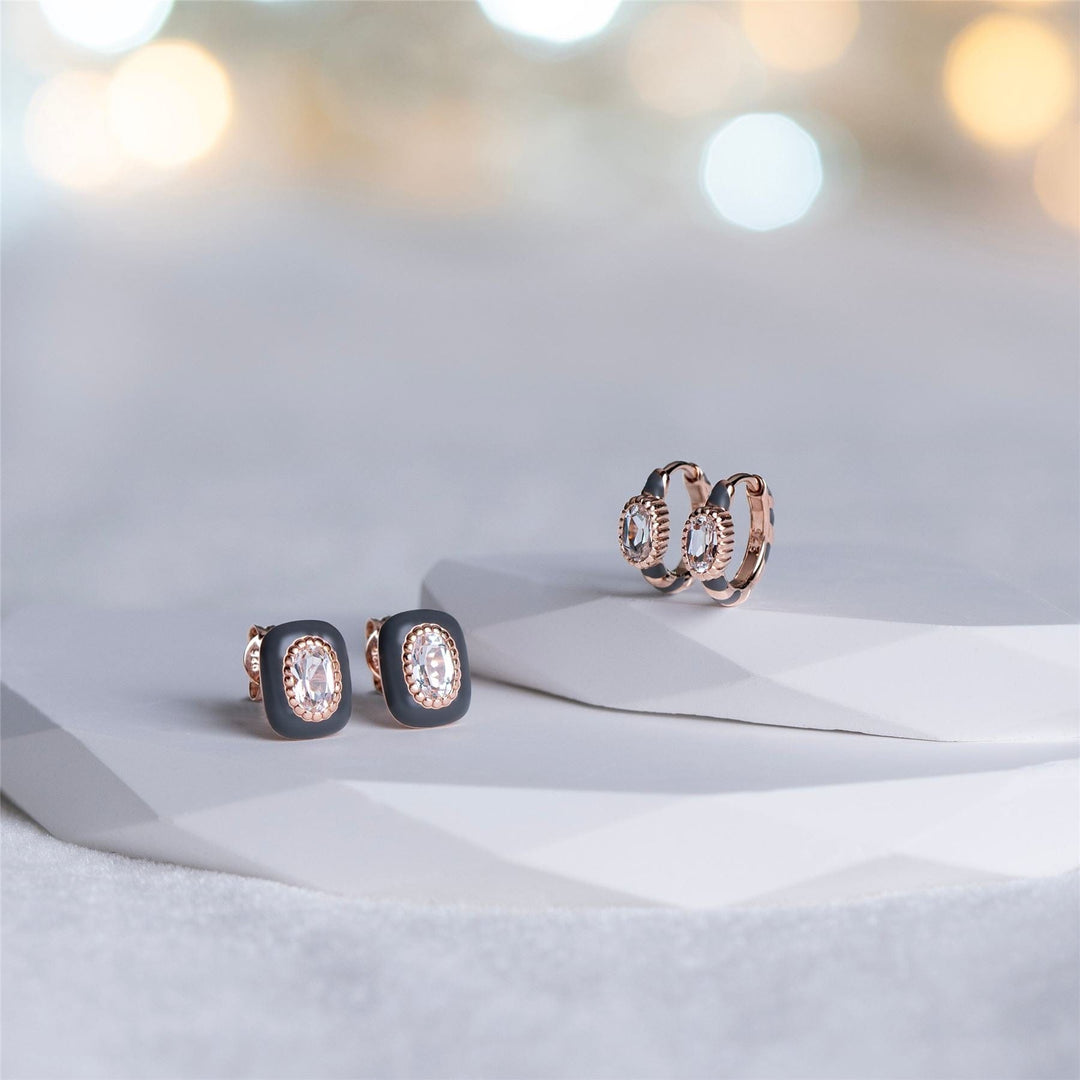 270E035690925 Siberian Waltz Black Enamel & Oval Topaz Hoop Earrings in Rose Gold Plated Sterling Silver Flatlay