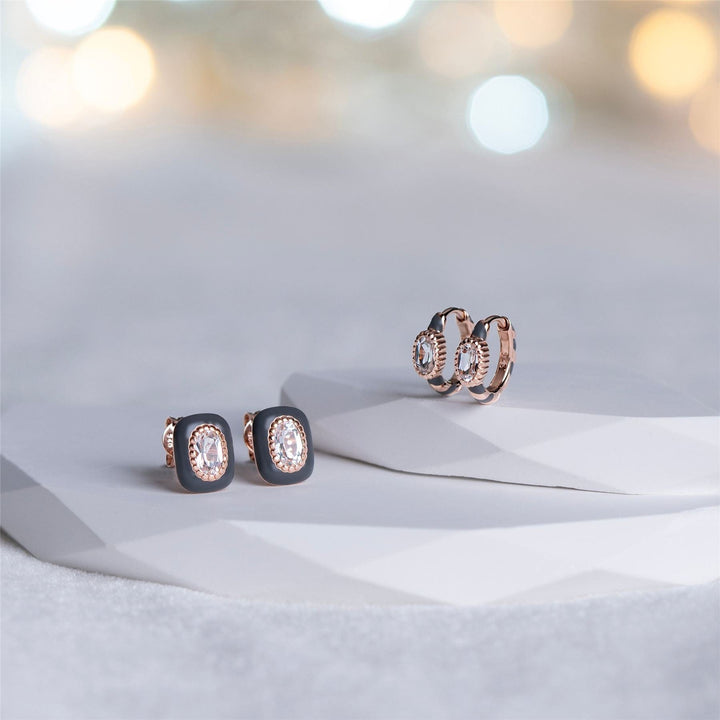 270E035690925 Siberian Waltz Black Enamel & Oval Topaz Hoop Earrings in Rose Gold Plated Sterling Silver Flatlay