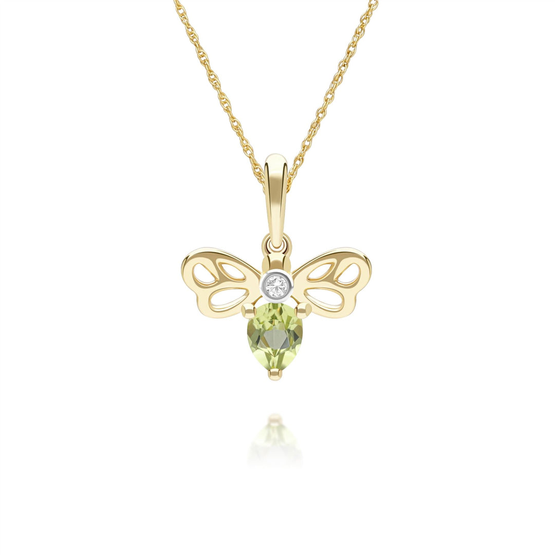 Honeycomb Art Nouveau Pear Shape Peridot and Diamond Bee Pendant Necklace in 9ct Yellow Gold