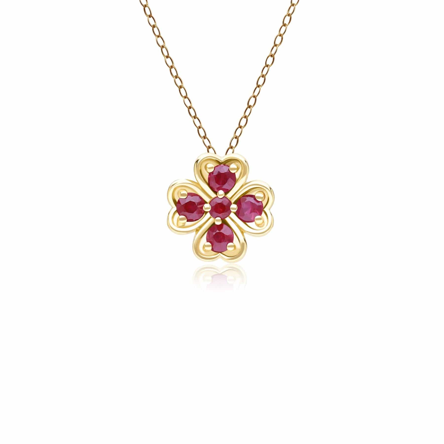 135P2127019 Gardenia Round Ruby Clover Pendant Necklace in 9ct Yellow Gold Front