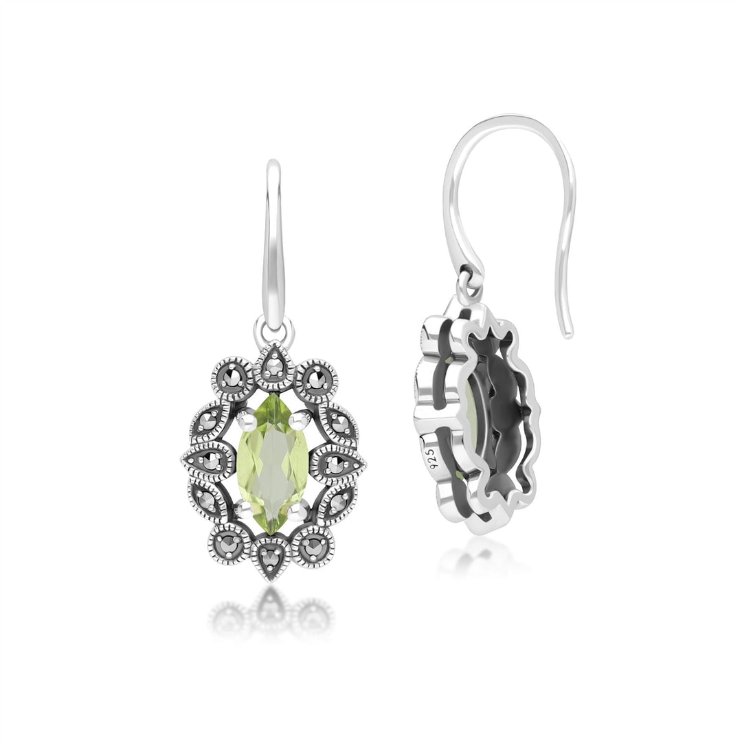 Marquise-Peridot- und Markasit-Tropfenohrringe im Art-Deco-Stil aus Sterlingsilber