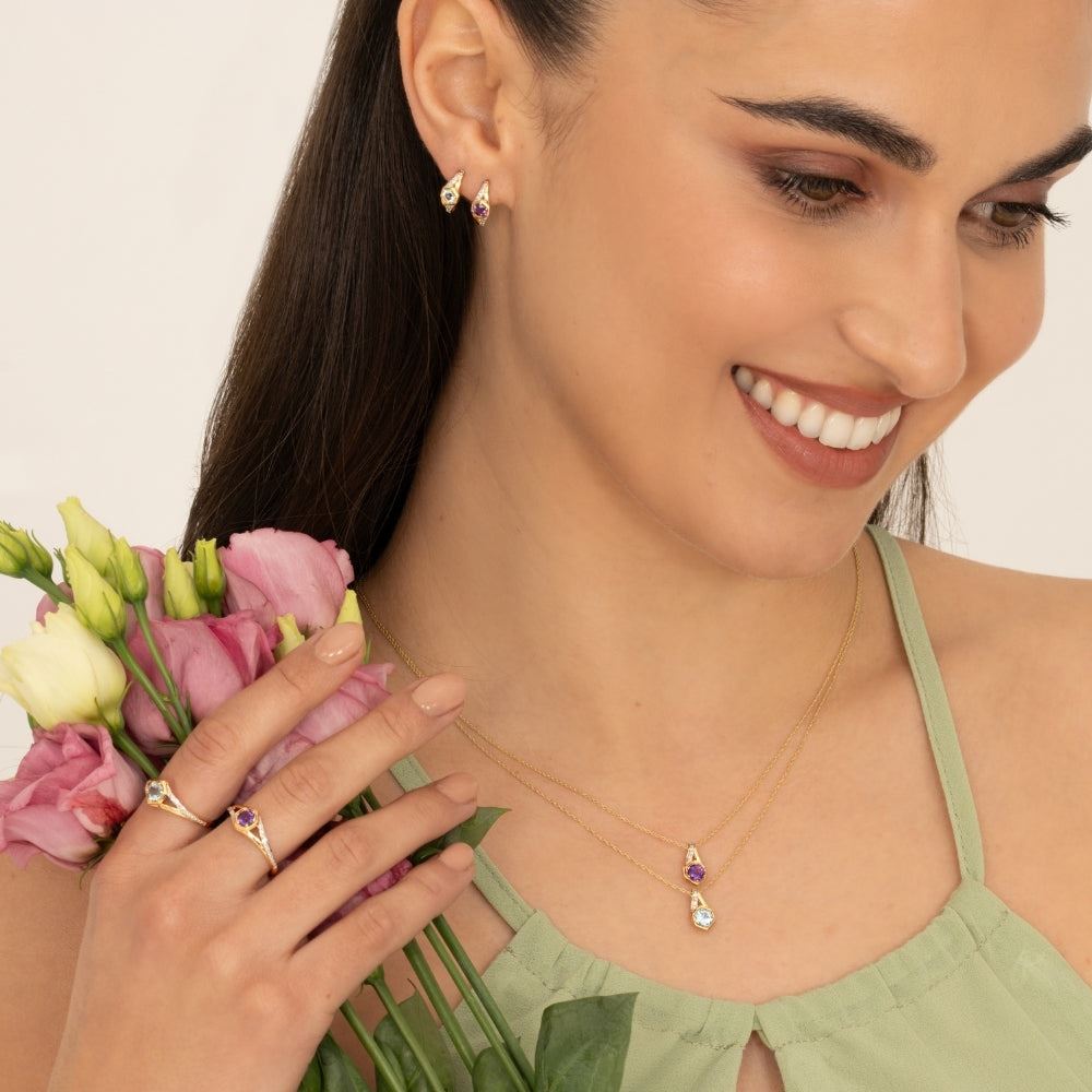 Geometric Hexagon with Prong set Round Garnet and Diamond Ring in 9ct Yellow Gold