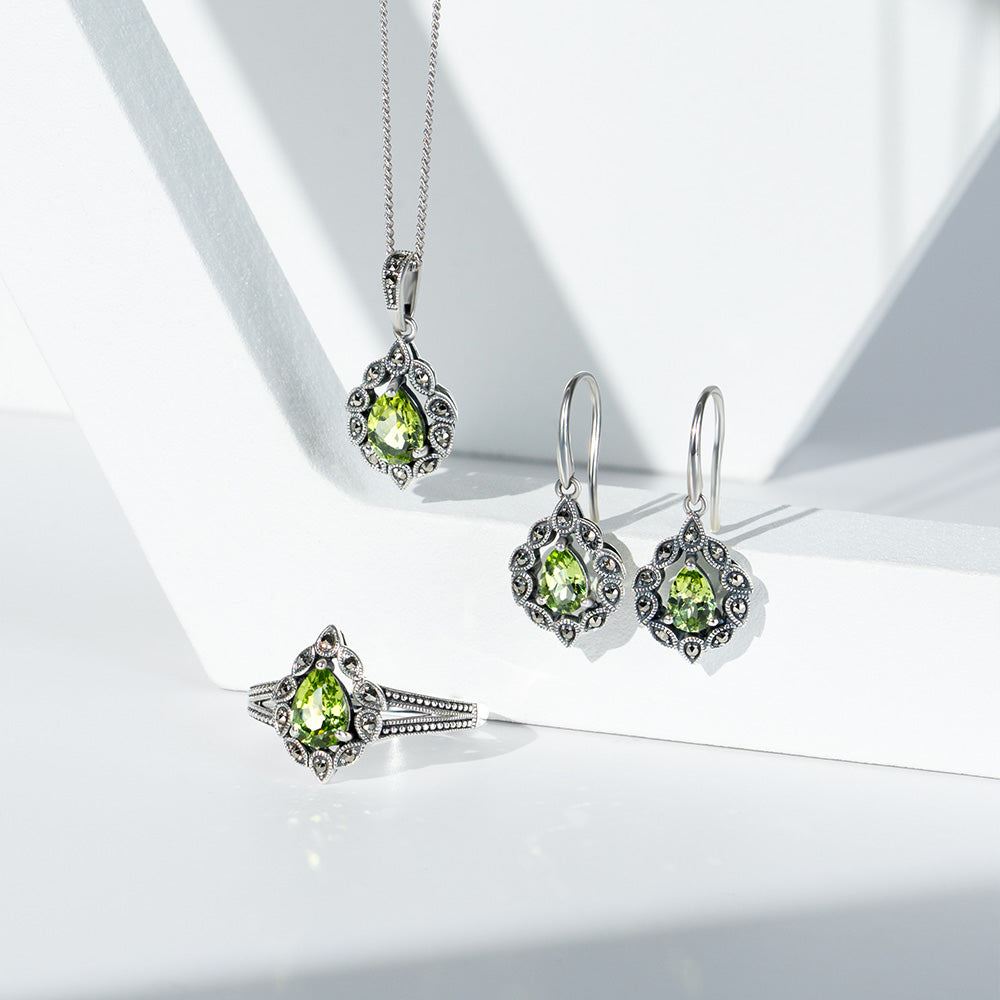 Birnenförmiger Peridot- und Markasitring im Art-Deco-Stil aus Sterlingsilber