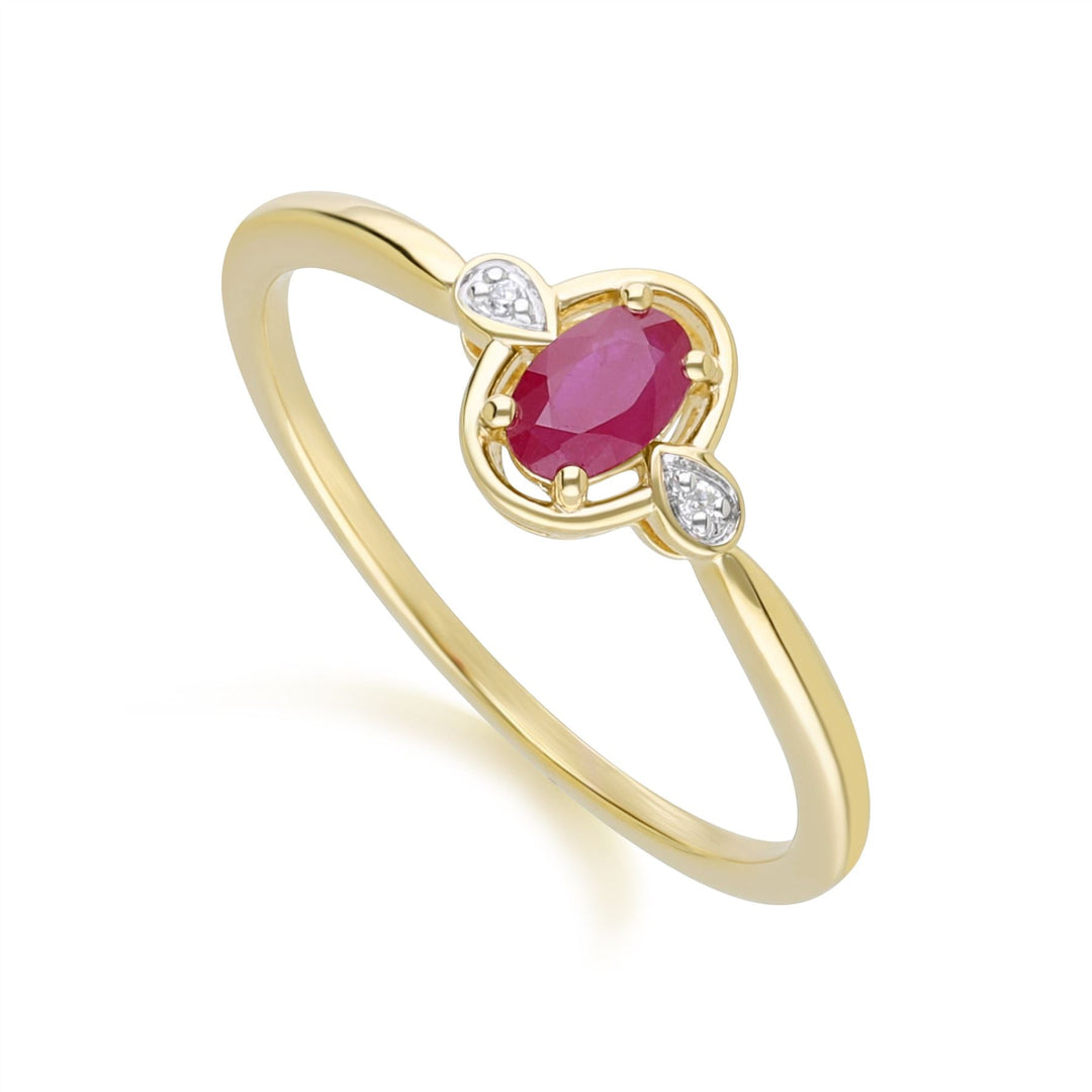 Klassischer ovaler Rubin- und runder Diamantring aus 9 Karat Gelbgold