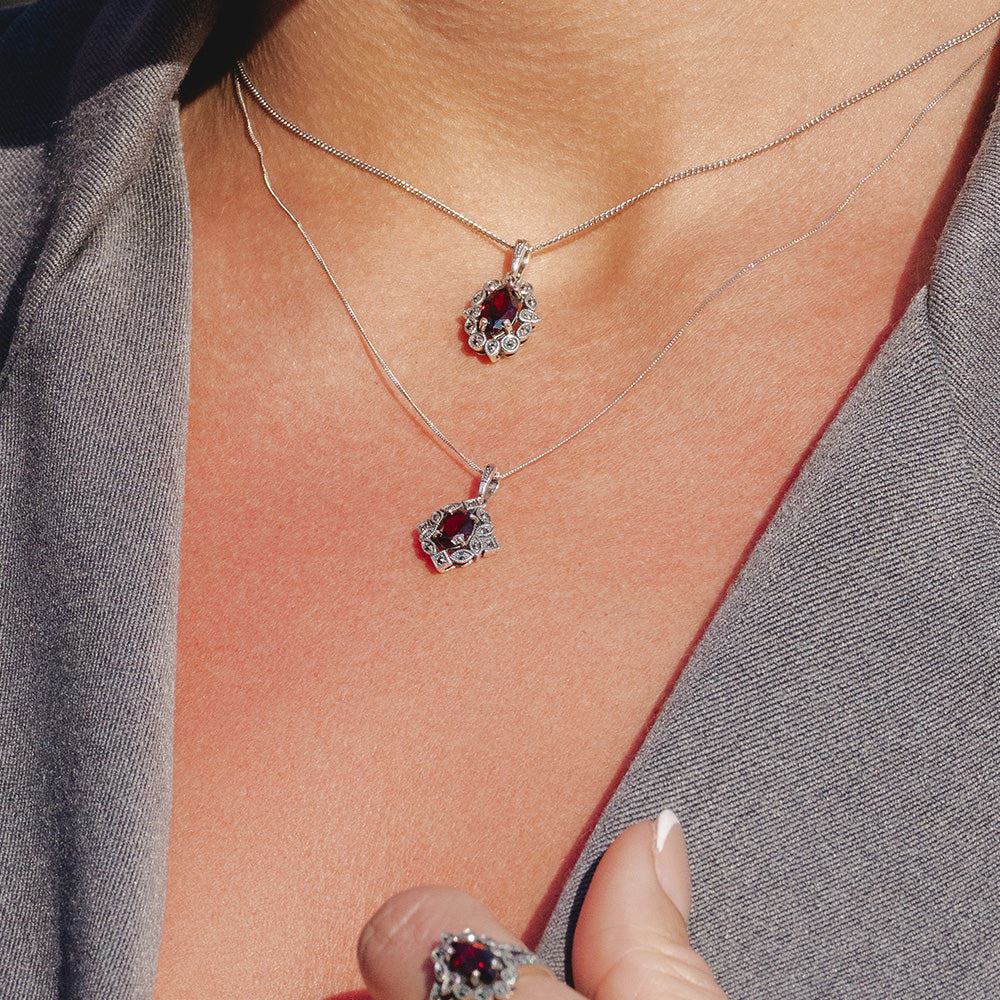 Art Deco Style Marquise Garnet & Marcasite Pendant Necklace in Sterling Silver