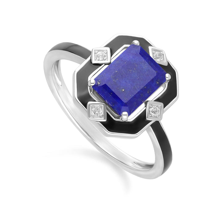 Grand Deco Ring aus Sterlingsilber mit schwarzem Emaille, Lapislazuli und Topas