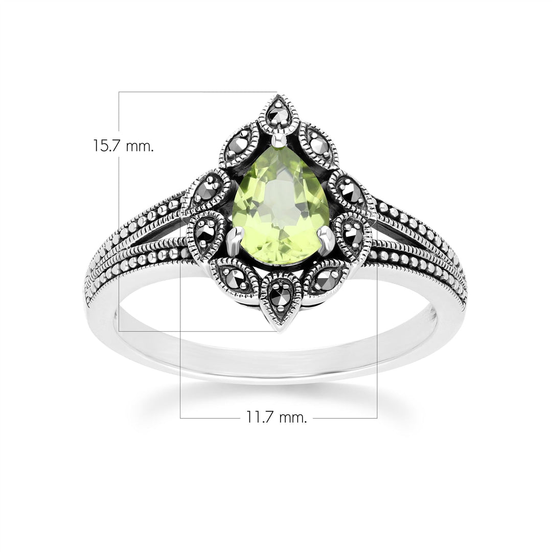 Birnenförmiger Peridot- und Markasitring im Art-Deco-Stil aus Sterlingsilber