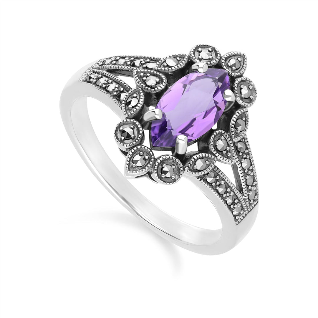 Art Deco Ring im Marquise-Stil mit Amethyst und Markasit aus Sterlingsilber