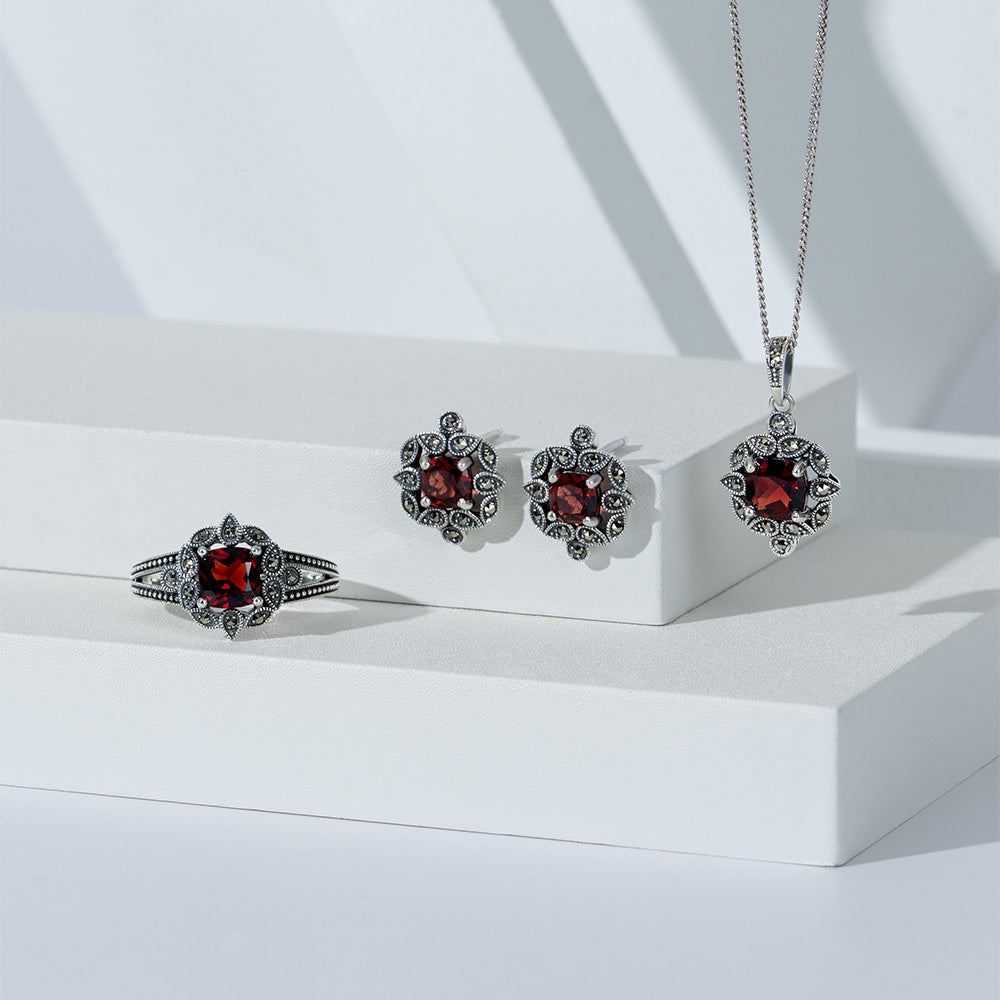 Art Deco Style Cushion Garnet & Marcasite Ring in Sterling Silver