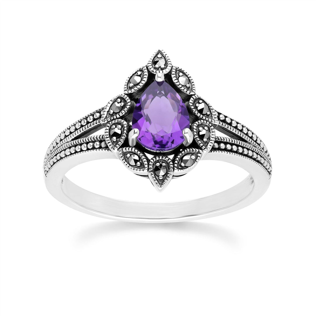 Birnenförmiger Amethyst- und Markasitring im Art-Deco-Stil aus Sterlingsilber