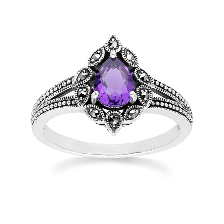 Birnenförmiger Amethyst- und Markasitring im Art-Deco-Stil aus Sterlingsilber