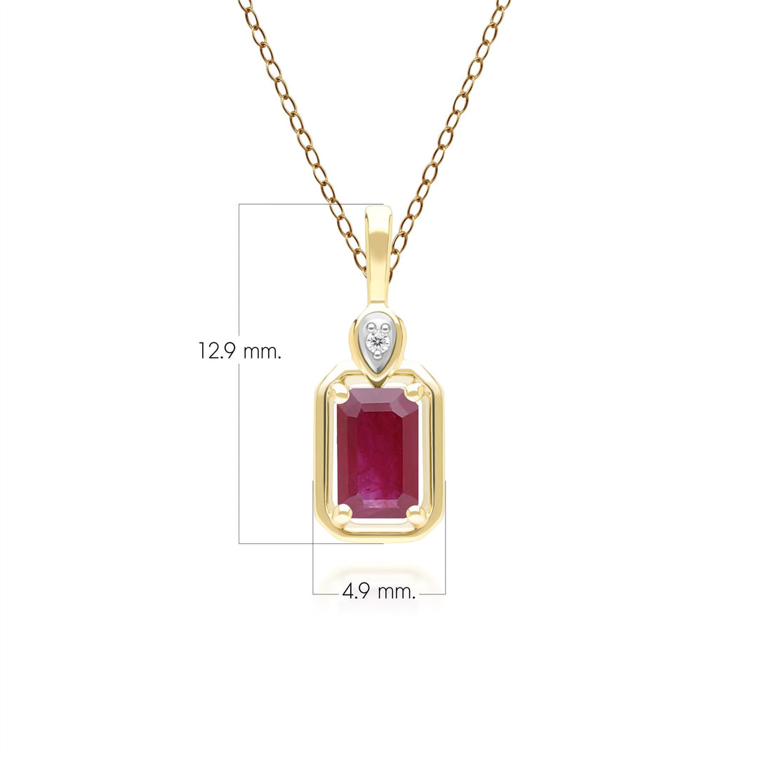 Klassische Halskette mit Rubin-Baguette- und Diamant-Anhänger aus 9 Karat Gelbgold